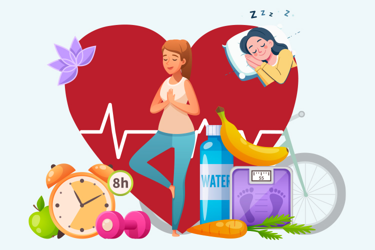 Illustration of a woman meditating in front of a heart graphic, with fruits, dumbbells, water bottle, bicycle, alarm clock, scale, and a sleeping person, emphasizing healthy living elements.