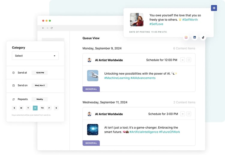 A scheduling app interface displaying social media post previews set for September 9 and 11, 2024, with hashtags. A notification popup with a motivational message is visible.
