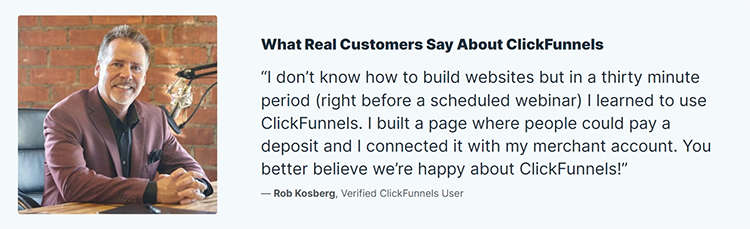 Man sitting by a wall, with text beside him praising ClickFunnels for its ease of use and effectiveness in building payment-connected pages.
