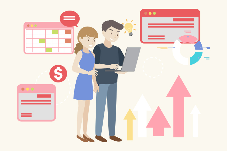Illustration of a man and woman using a laptop, surrounded by charts, arrows, and digital icons indicating financial data and communication.