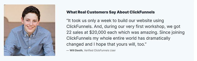 Young person in blue shirt beside a ClickFunnels testimonial about successful website building and sales increase.
