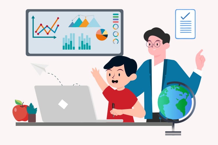 Child at a laptop with an adult pointing at a presentation displaying charts and graphs. A globe and apple are on the desk.