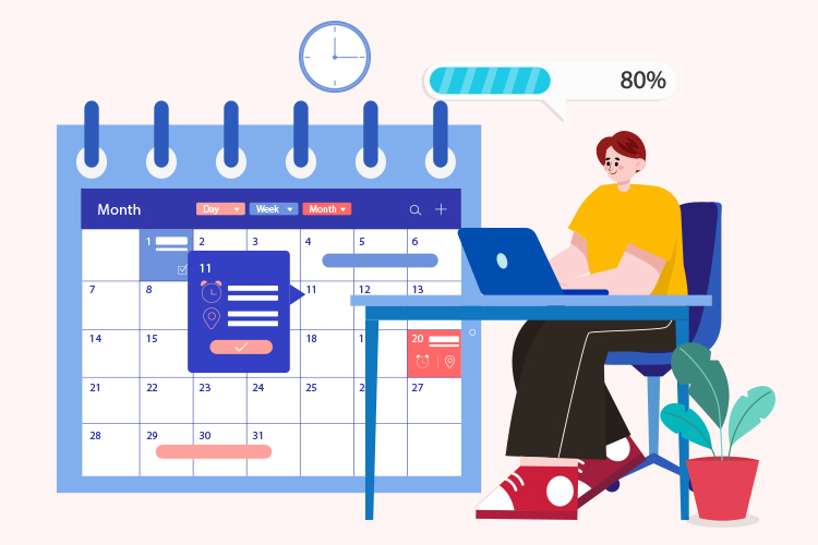 Person sitting at a desk with a laptop, near a large calendar and a progress bar showing 80%.