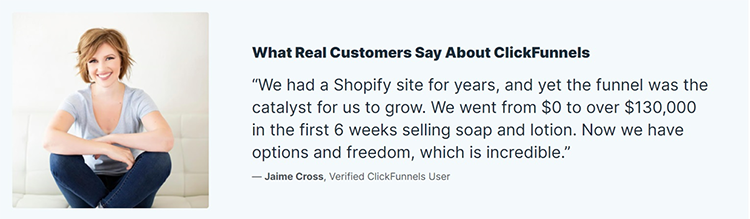 Woman sitting on a couch beside a testimonial praising ClickFunnels for business growth and increased sales.
