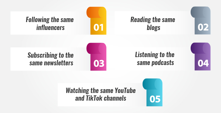 Infographic listing five media habits: influencers, blogs, newsletters, podcasts, and YouTube/TikTok channels, each numbered and color-coded from 1 to 5.