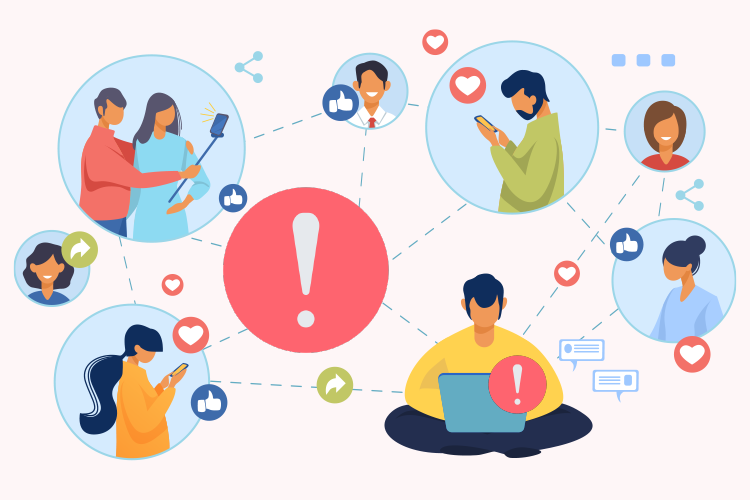 Illustration of people using devices connected by lines and social media icons, with a central red exclamation mark symbolizing a critical or alert situation.