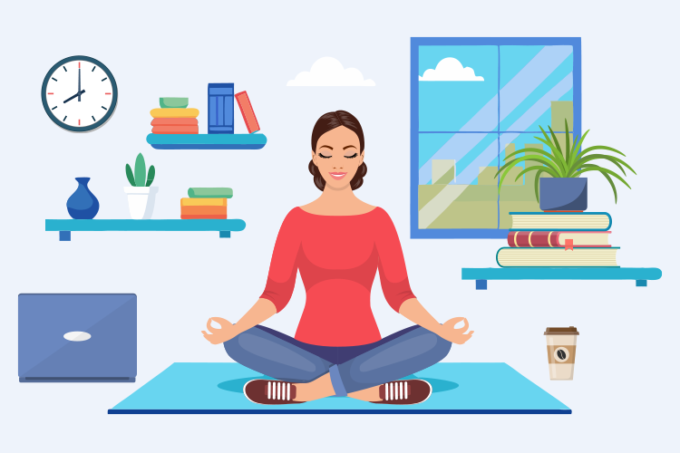 A person meditates on a yoga mat indoors, surrounded by shelves with books, plants, and a vase. A clock, window view, laptop, and coffee cup are also visible.