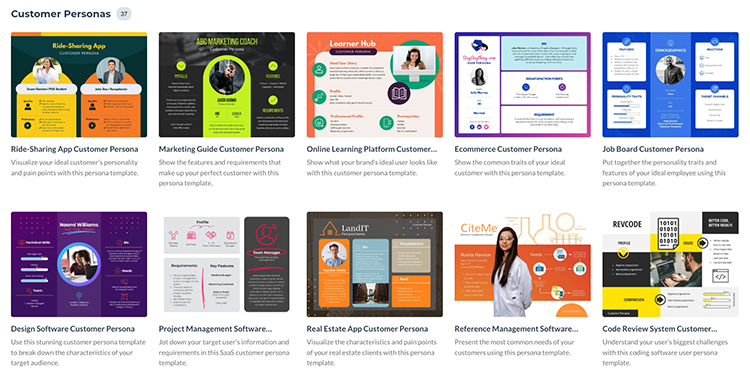 Grid displaying ten different customer persona templates with various styles and layouts. Each includes sections for personal and demographic information.