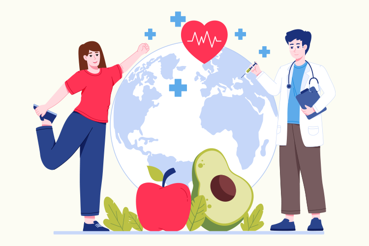 Illustration of a woman exercising and a doctor holding a syringe next to a globe, with a heart symbol, apple, and avocado.