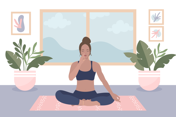 A person is sitting cross-legged on a yoga mat indoors, practicing breathing exercises. There are large plants and abstract art on the walls, and a window showing a cloudy sky view.