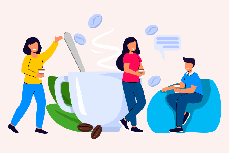 Illustration of three people with coffee cups, a large steaming cup, coffee beans, and a speech bubble. One person sits on a beanbag, while two stand holding drinks.