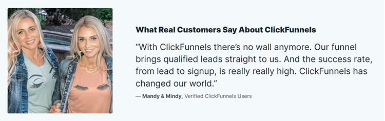 Two women are smiling side by side. Text includes a positive testimonial about ClickFunnels from users Mandy and Mindy.