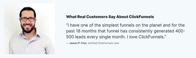 Man smiling next to a testimonial about ClickFunnels, highlighting consistent generation of 400-500 leads monthly over 18 months.