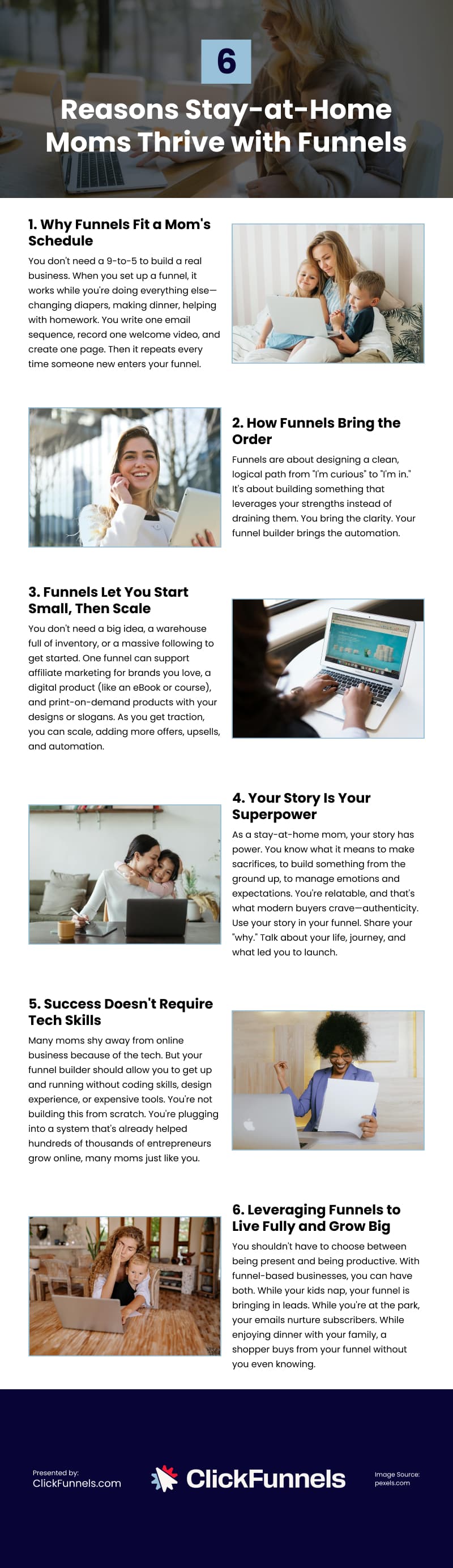 6 Reasons Stay-at-Home Moms Thrive with Funnels Infographic